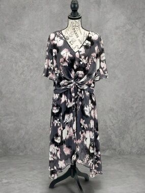 Simply Vera Vera Wang Floral Twist Front High Low Midi Dress Large Grey Pink